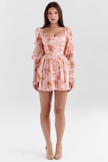 english vintage rose print puff sleeve mini dress