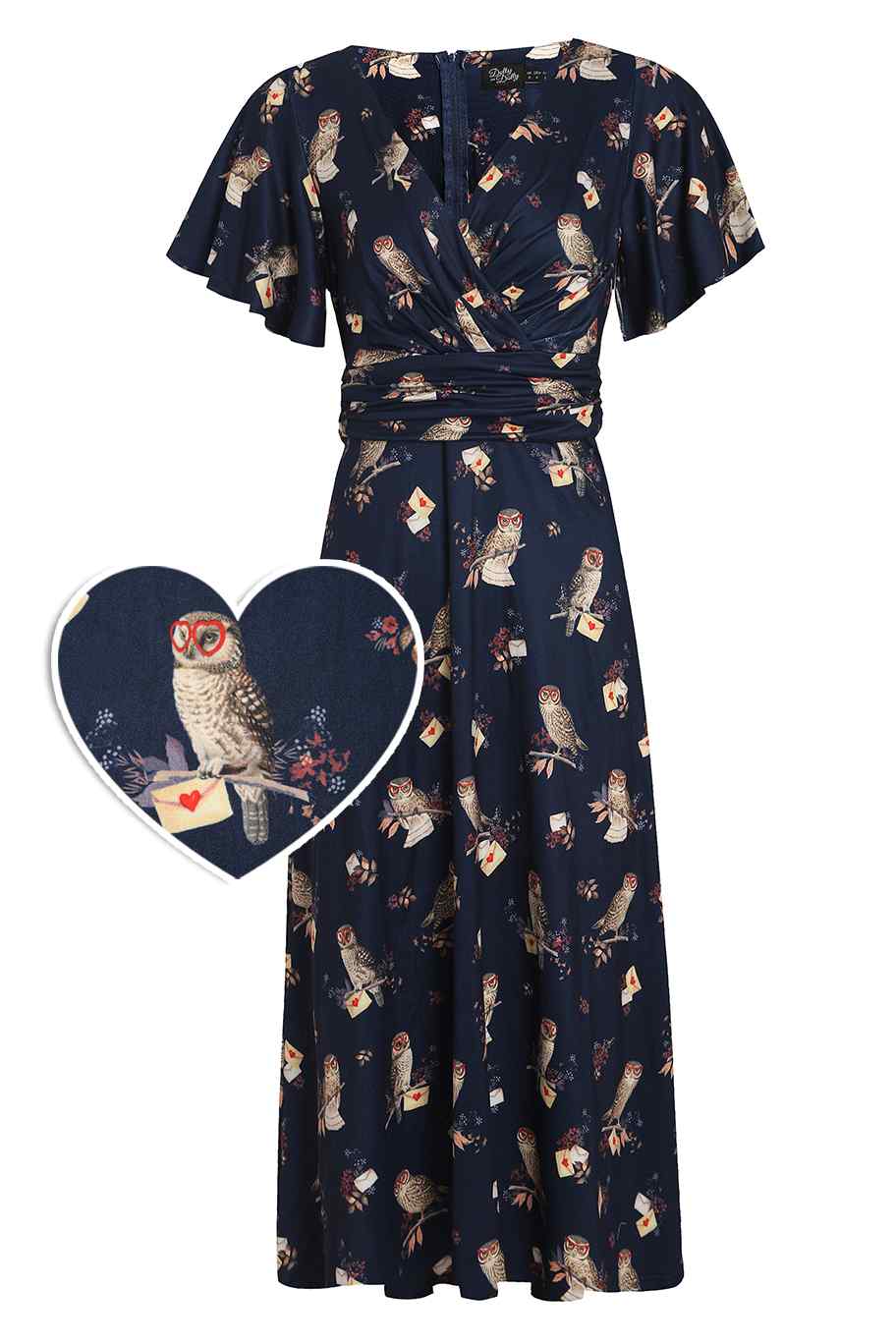 Donna Crossover Bust Oxford Blue Owls and Letters Dress