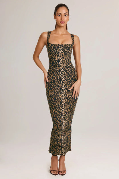 Modal Square-Neck Bodycon Midi Dress in Leopard Print
