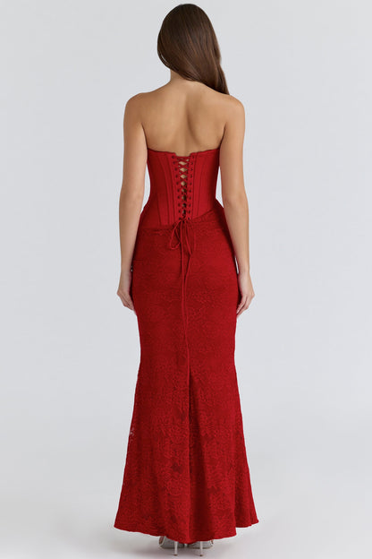 red satin lace strapless maxi dress