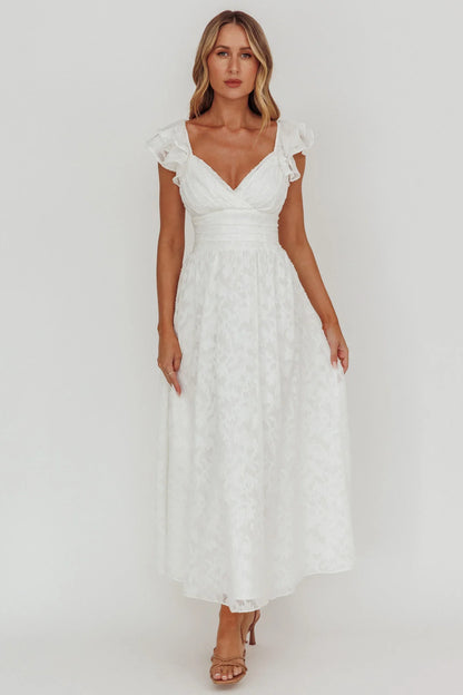 Lola Ruffle Shoulder Maxi Dress Textured White