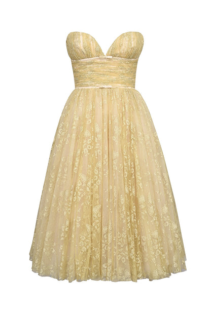 gold metallic lace tulle midi gown