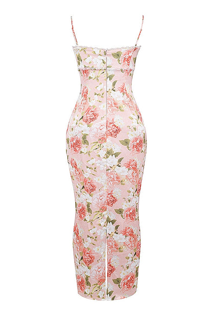 pink peony print satin maxi dress