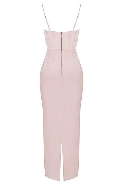 blush pink corset maxi dress
