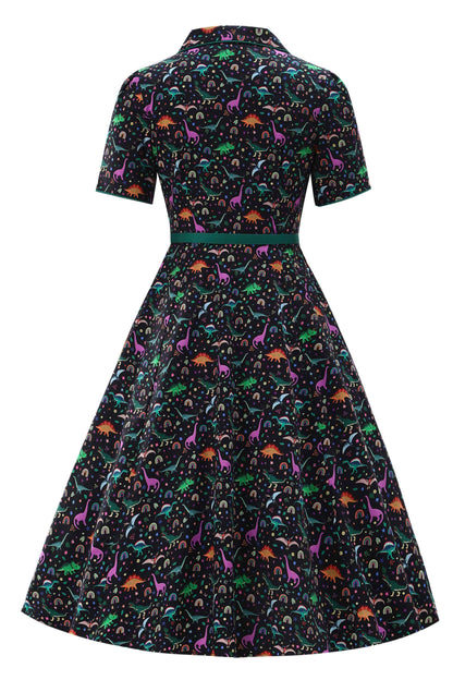 Mabel Dinosaur & Rainbow Midi Shirt Dress In Black