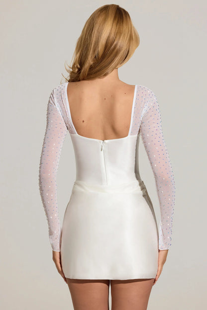 Embellished Long-Sleeve Draped Mini Dress in White
