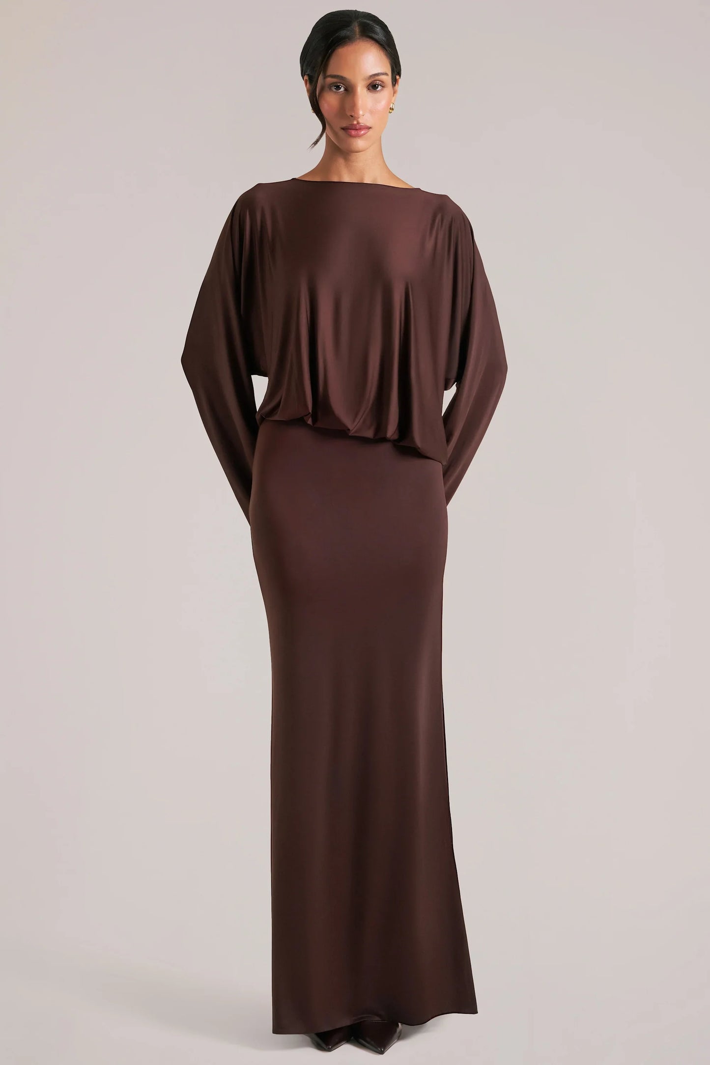 Long-Sleeve Draped Maxi Dress in Chocolate Brown