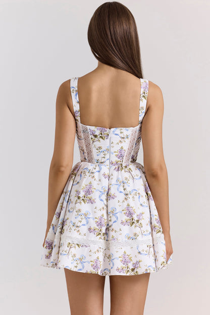 white floral ribbon print cotton mini dress