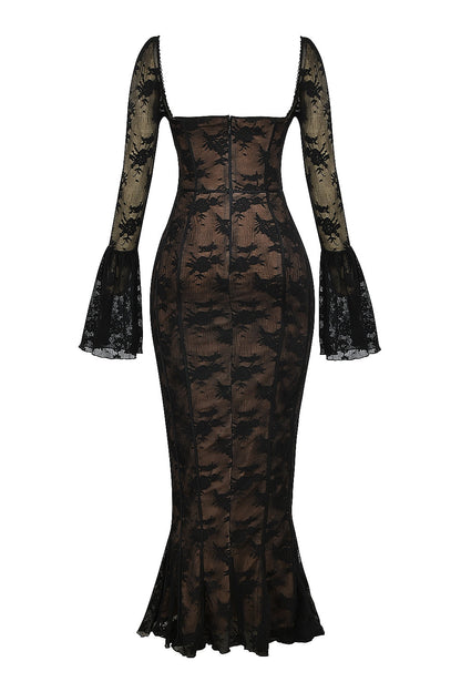 black long sleeve lace maxi dress