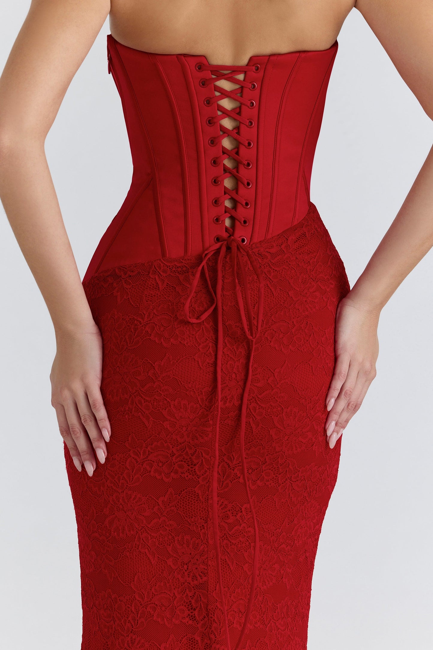 red satin lace strapless maxi dress
