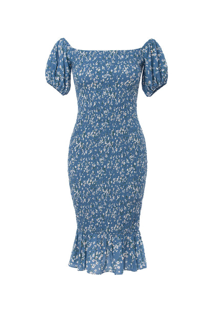 Jen Shirred Body Blue Midi Dress