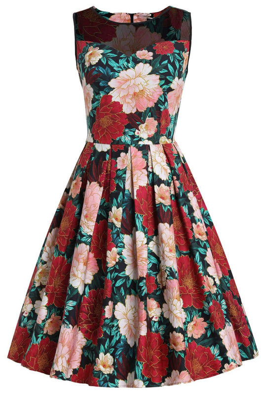 Elizabeth Vintage Style Floral Party Dress in Black/Pink