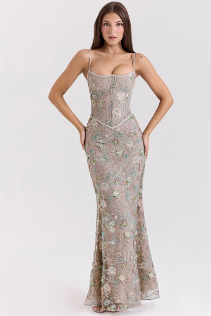 silver embellished beaded corset maxi dress