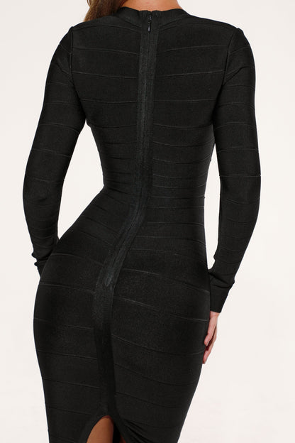 black long sleeve bandage midi dress