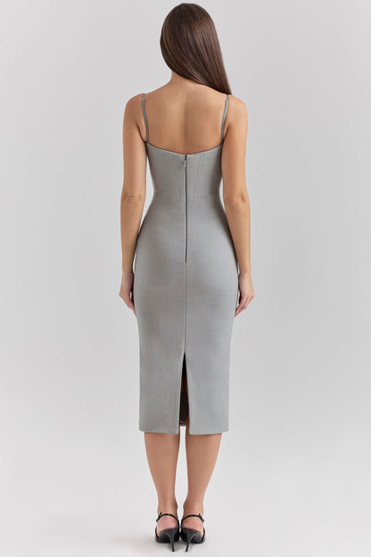 light grey mesh panelled bodycon midi dress