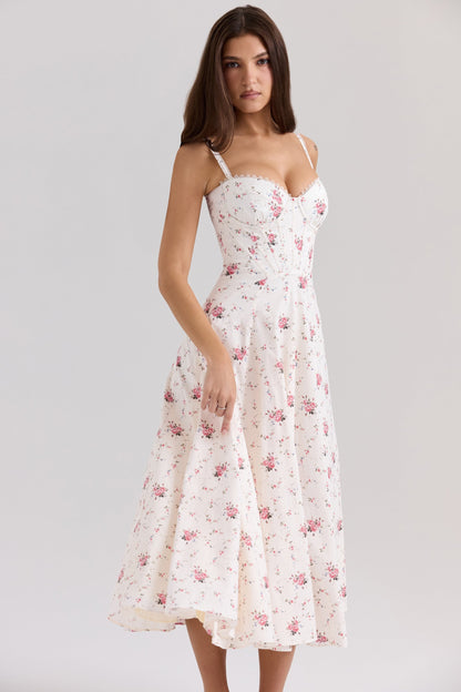 white stretch cotton rose print midi sundress