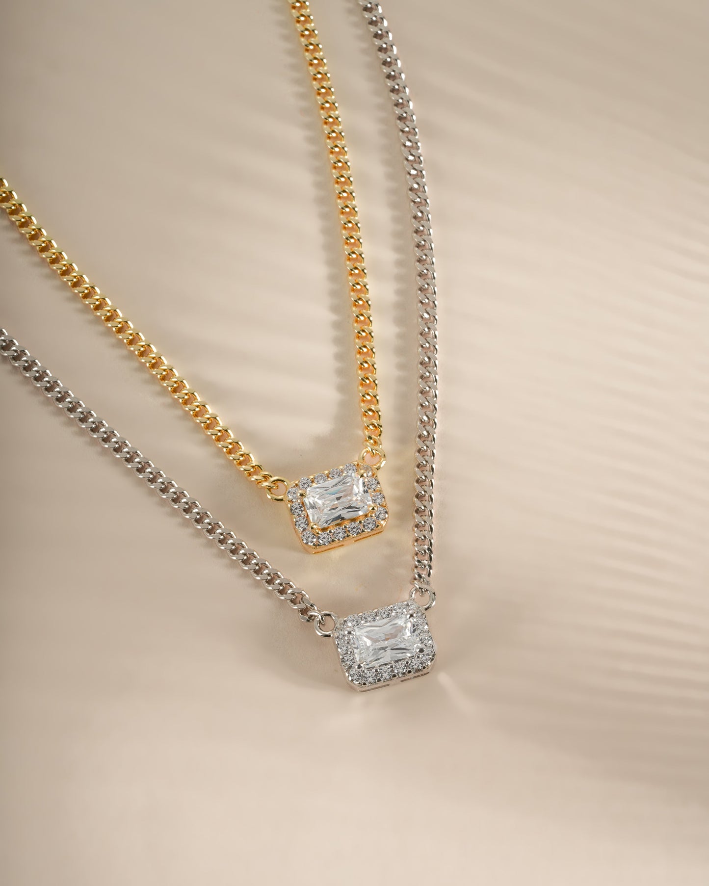 Halo Emerald Cut Necklace on Cuban Chain