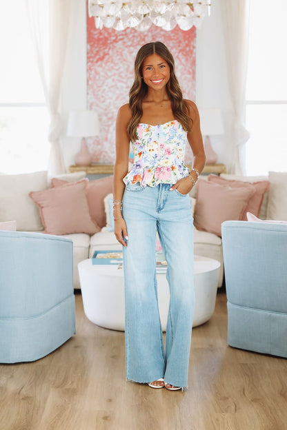 Bad Idea Denim Corset Top - White, Blue and Pink