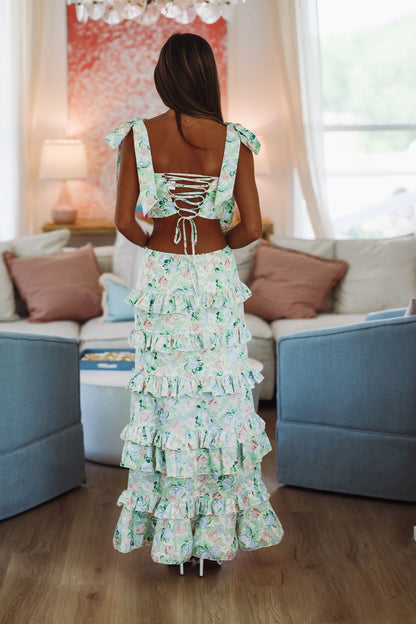 Spring Muse Print Ruffle Maxi Skirt - Green