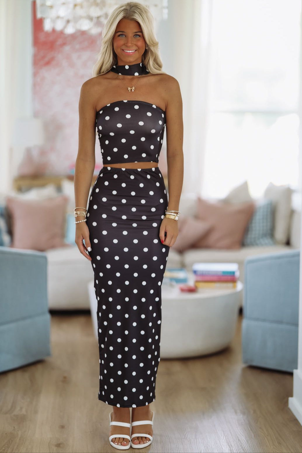 Polka My Dots Top and Maxi Skirt Set - Black