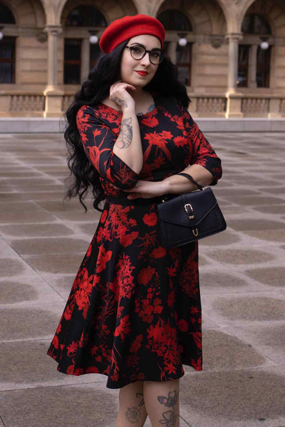 Beatrix Long Sleeved Midi Dress in Black/Red Floral