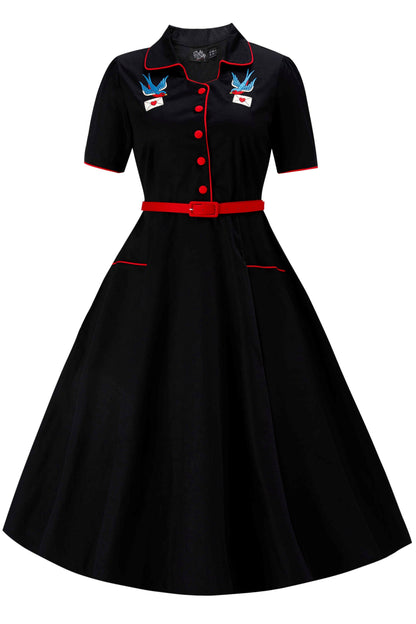 Mabel Rockabilly Midi Shirt Dress With Swallow Embroidery
