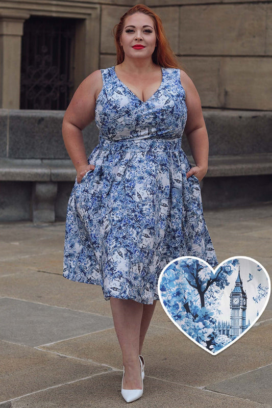 May White Crossover Bust Dress In Big Ben Print