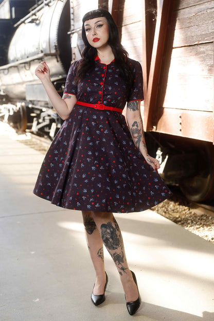 Penelope Navy Blue Swallow Shirt Dress