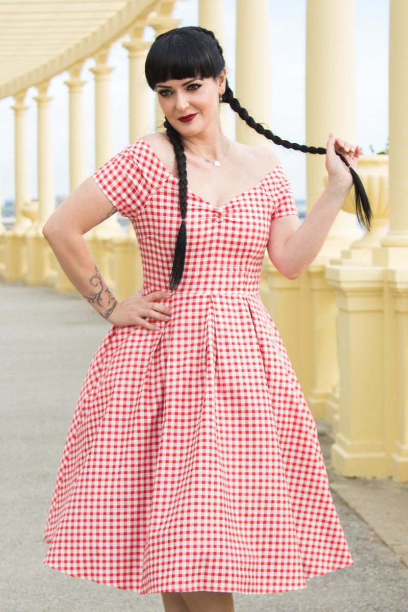 Lily Off Shoulder Red Gingham Swing Dress