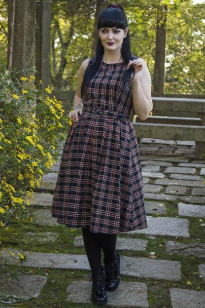 Annie Retro Check Swing Dress in Dark Blue & Red