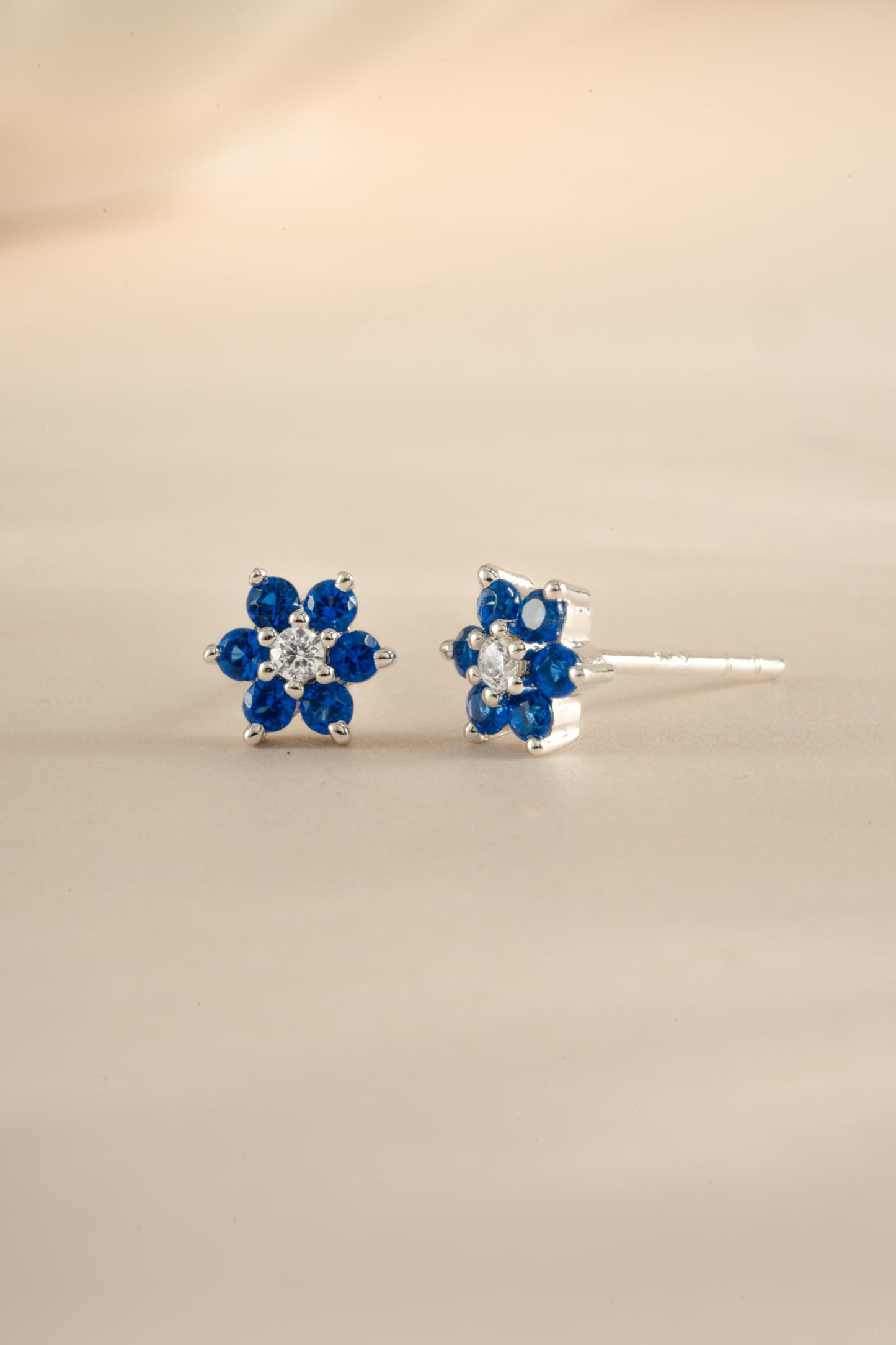 Sapphire Flower Stud W/ CZ Center Stone