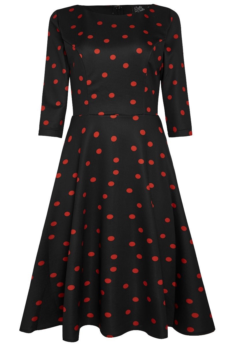 Janet Classic Flared, Long-Sleeved Dress-Black & Red Polka