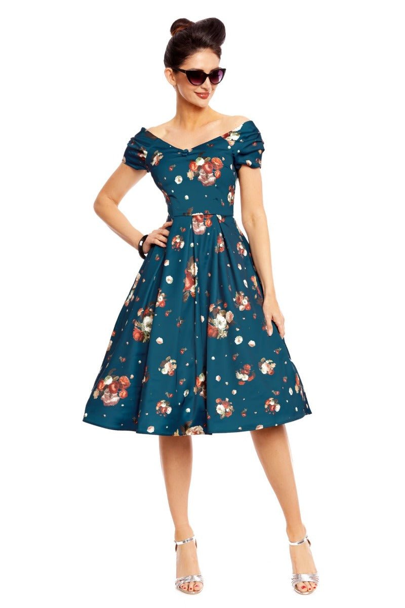 Lily Off-Shoulder 50's Dress in Blue Floral Roses Print
