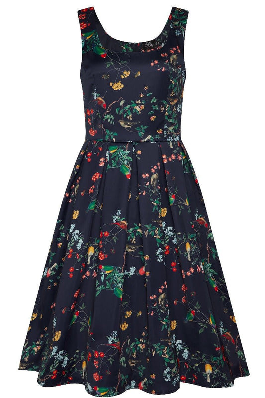 Navy Amanda 50s Inspired  Swing Dress  Bird with Flower Print
