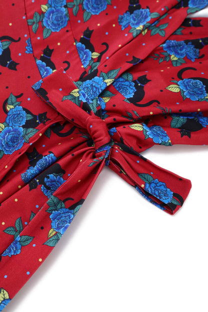 Matilda Vintage Black Cat & Rose  Wrap Dress In Red