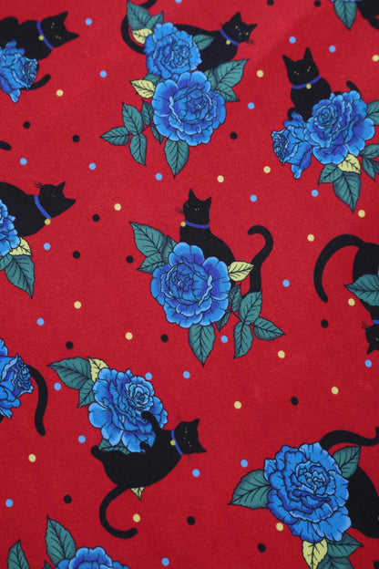 Matilda Vintage Black Cat & Rose  Wrap Dress In Red