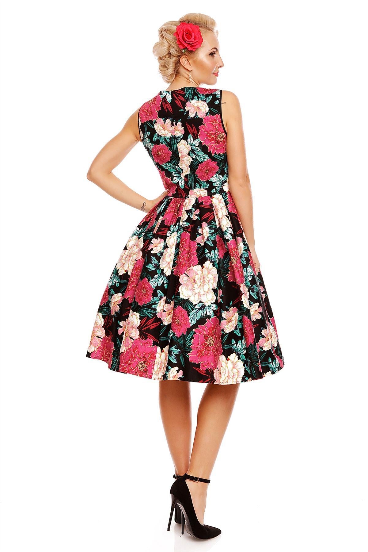 Elizabeth Vintage Style Floral Party Dress in Black/Pink