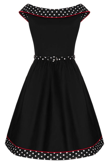 Cindy Retro Dress in Black Polka and Red Piping